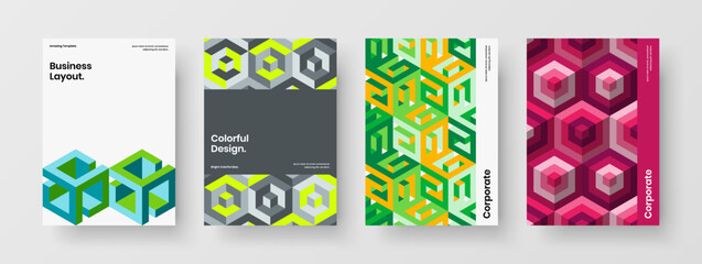 Isolated company brochure vector design template composition. Abstract mosaic hexagons front page layout collection.