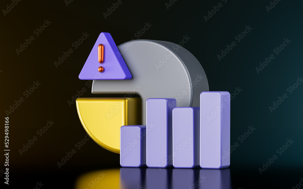 Wall mural business pie chart with exclamation sign on dark background 3d render concept for growth problem