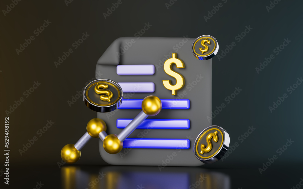 Wall mural document with dollar up arrow sign on dark background 3d render concept for financial report