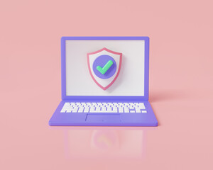 Laptop screen with shield protection icon with checkmark. Locked laptop screen, laptop protection, notebook security, personal data security. Security shield lock concept. 3d render illustration