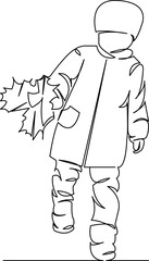 toddler child walks and collects autumn leaves