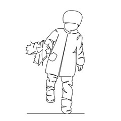 toddler child walks and collects autumn leaves