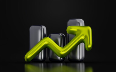 business line chart up arrow sign on dark background 3d render concept for financial profit growth