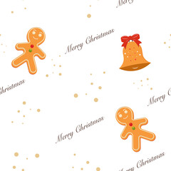 Seamless pattern with gingerbread man and Christmas bell.