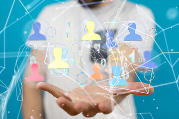holding 3D rendering group of blue people