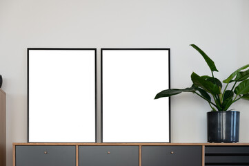 Two transparent picture frames next to a potted green plant on a modern Scandinavian-styled sideboard