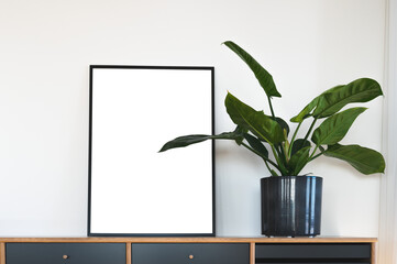 Transparent picture frame next to potted green plant on a modern Scandinavian styled sideboard