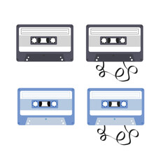 Set of audio or video cassette tape.Music record.Old music techonolgy.80s disco.Motivation mix.Vintage object.Sign, symbol, icon or logo isolated.Flat design.Clipart.Cartoon vector illustration.