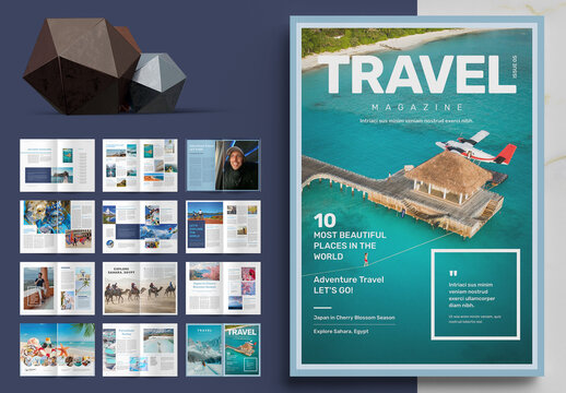 Travel Magazine Layout with Blue Accents