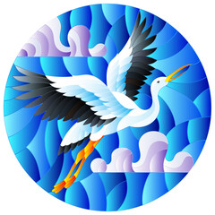 Illustration in stained glass style stork on the background of sky and clouds, round image