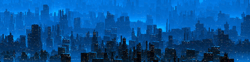 Science fiction neon city night panorama - 3D illustration of dark futuristic sci-fi city lit with bright neon lights - 529502193
