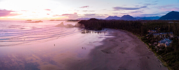 Aerial view over Tofino Pacific Rim national park with a drone from above Cox Bay Vancouver Island...