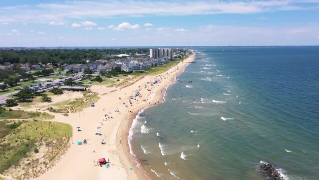 Aerial view of the Ocean View Community Beach in Norfolk on a hot summer day
