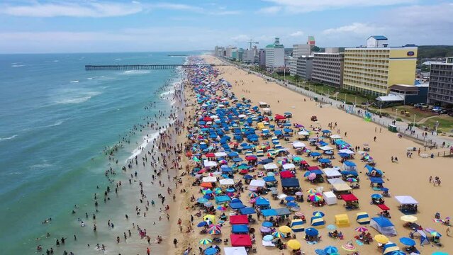 Aerial View of the crowded Virginia Beach oceanfront during the 4th of July weekend