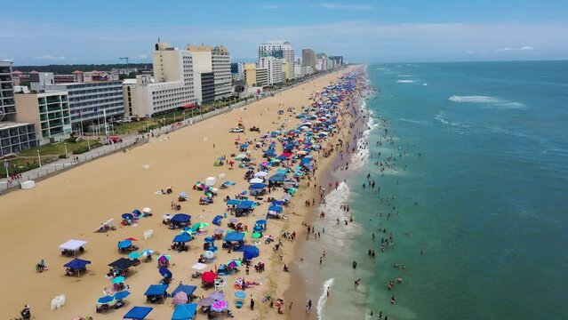 Aerial view of the Virginia Beach oceanfront during the 4th of July weekend looking North