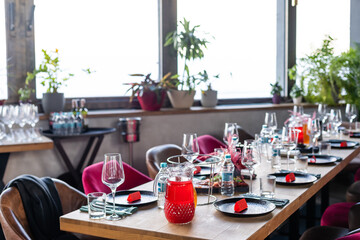 Christmas table setting. christmas decor on the table.