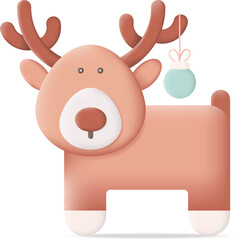 Cute Christmas Deer with Christmas Ball 3D Icon Graphic Illustration on Transparent Background