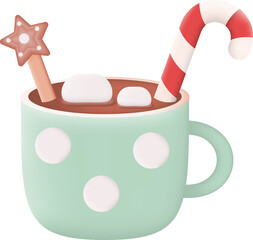 Christmas Hot Chocolate with Marshmallows 3D Icon Graphic Illustration on Transparent Background