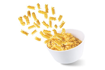 Spirals dried pasta on a white isolated background
