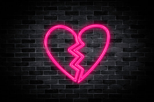 Heart Broken Sign Symbol Neon Banner On Brick Wall Background.