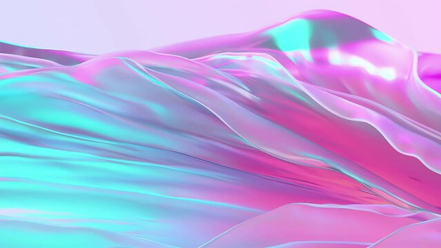 Animated background in pastel colors, gradient shiny fabric in gentle shades, flowing into the lower right corner of the screen. Futuristic abstract 3D rendering of glowing pink blue satin 4K