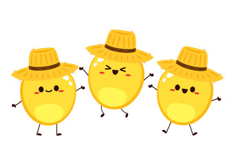 Corn kernel character design. Cute vegetable vector character isolated on white. Corn mascot. Farmer hat. Peasant hat vector.