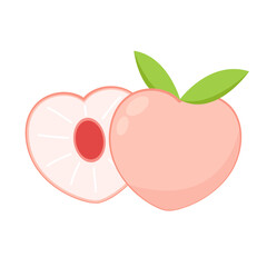 Peach cartoon vector. Doodle peach with leaves icon. Peach fruit in shape of heart isolated on white background. Farm, natural food, fresh fruits.