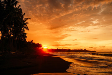 Sunset with ocean waves and coconut palms in tropics