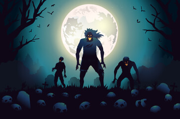 Fototapeta premium Zombies standing in the graveyard with gravestones and many skulls on the floor. Full moon blue sky and dead tree background.