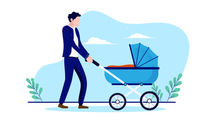 Man with baby carriage - Vector character walking with little boys pram outdoors. Flat design vector illustration with white background