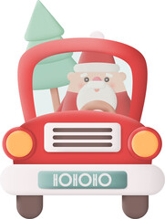 Cartoon Christmas Car with Santa Claus and Christmas Tree. Front View. 3D Icon Graphic Illustration on Transparent Background