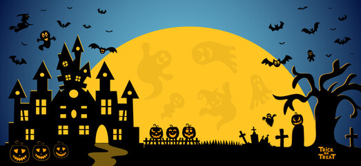 Halloween pumpkins, moon and dark castle on blue background, vector illustration