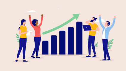 Business company success - Diverse happy group of people cheering and celebrating growth and diagram chart pointing up. Flat design vector illustration