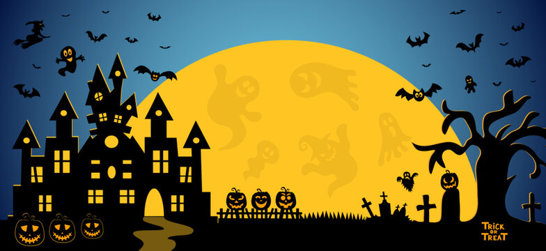 Halloween pumpkins, moon and dark castle on blue background, vector illustration
