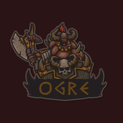 Obraz premium Ogre Horned Evil Monster Barbarian Predator Gladiator Giant Warrior with Axe Weapon and Skull Shield Esport Mascot Vector Logo Illustration