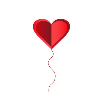 3d picture of a heart on a rope with the effect of folded paper. A heart-shaped kite on a white background. Origami red heart.