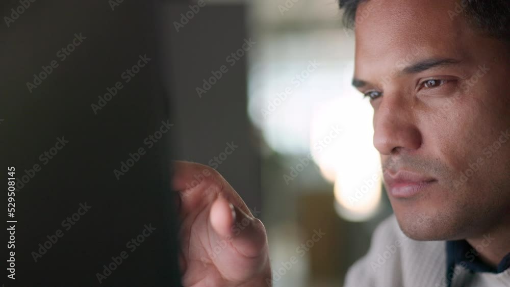 Aufkleber Cyber security man, digital programmer or computer for thinking web designer reading ux seo software or database coding. Zoom on developer face with work motivation or innovation programming at night