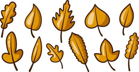 Fototapeta premium Cute set of autumn leaves. Flat cartoon style. Nature object icon. Hello autumn. For the design of banners and postcards for the autumn holidays. Isolated. Autumn elements
