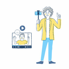 自撮り棒を使用して撮影する動画配信者