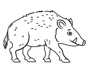 Cute boar stands on a white background. Vector illustration with cute forest animals outline image