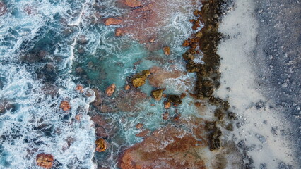 Aerial view of the seacoast, Tuamotus, French Polynesia