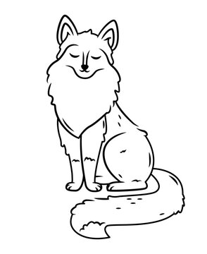 A cute red fox is sitting on a white background. Vector illustration with cute forest animals outline image