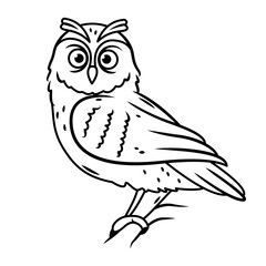 an owl sits on a branch on a white background. contour image. Vector illustration with cute forest animals