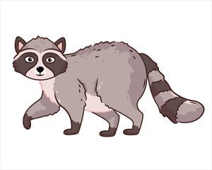 Cute raccoon. Cartoon animal design. Flat vector illustration isolated on white background. Forest inhabitant. Wild animal with grey fur.