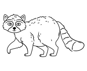 Cute raccoon. Cartoon animal design. Flat vector illustration isolated on white background. Forest inhabitant. Wild animal with grey fur.