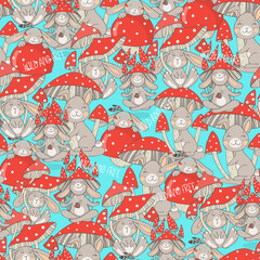 Naklejka premium Vector seamless pattern with bunny and mushrooms. Funny ilyustration.