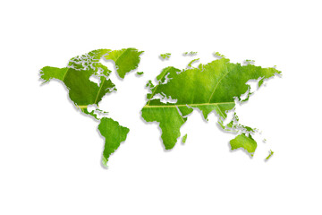 eco world map made of green leaves on white background, ecology and green environment concept.