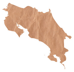 Map of Costa Rica made with crumpled kraft paper. Handmade map with recycled material