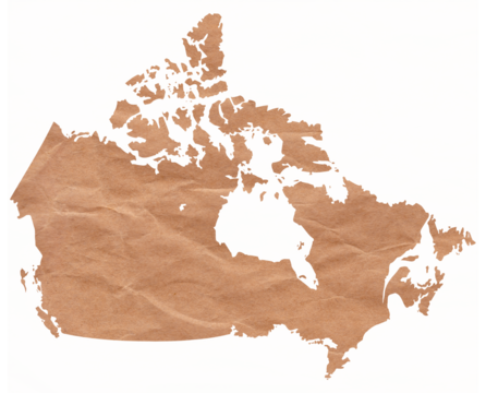 Map of Canada made with crumpled kraft paper. Handmade map with recycled material. North America