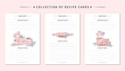 Collection of recipe card templates. Clean pages of the cookbook are decorated mixer,  kitchen tools and dessert. Vector illustration.